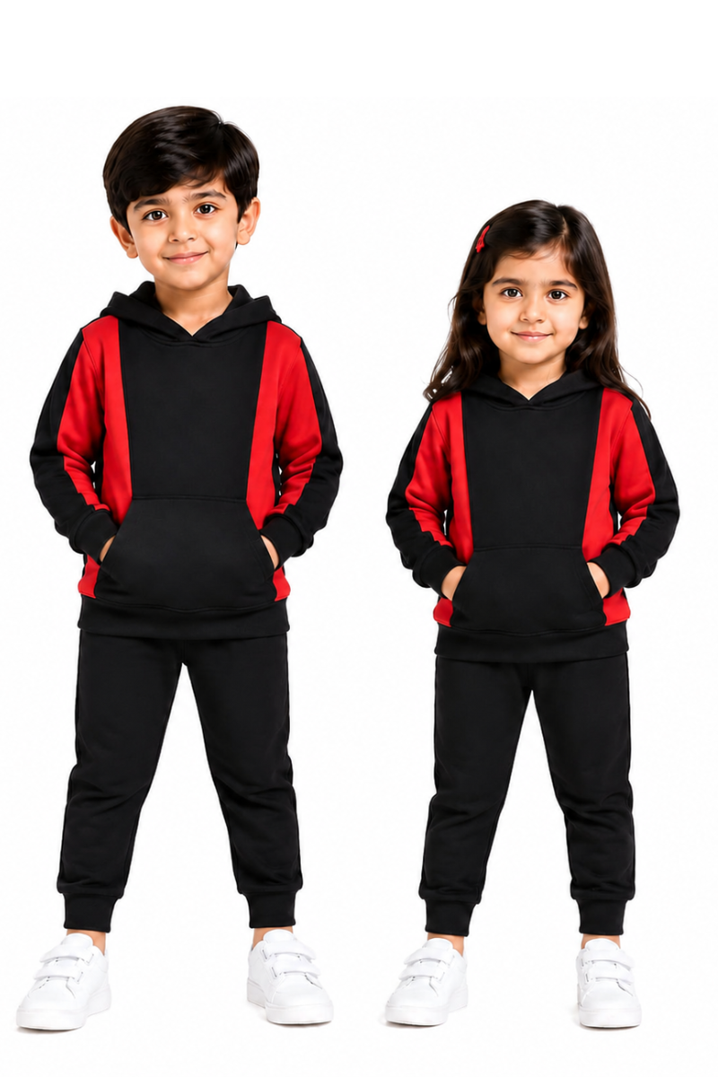 Kids Black & Red Fleece Hoodie Tracksuit Set | Stylish & Warm Winter Wear