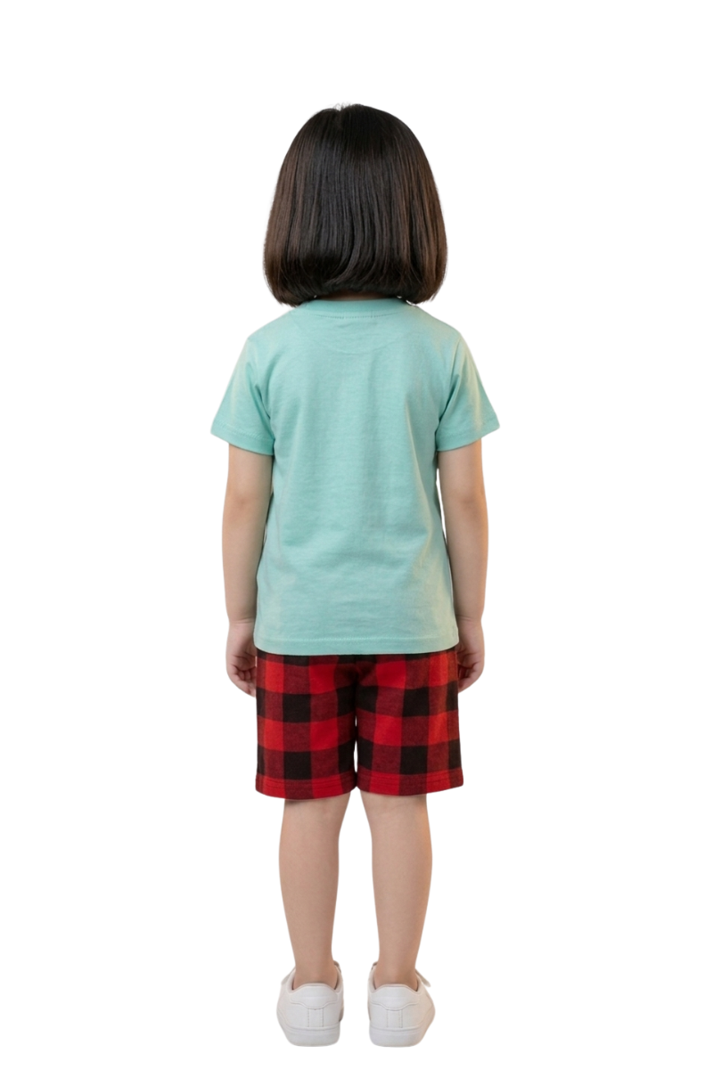 Girls Minnie Mouse Summer Shorts Set - Mint Green & Red Plaid