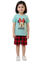 Girls Minnie Mouse Summer Shorts Set - Mint Green & Red Plaid