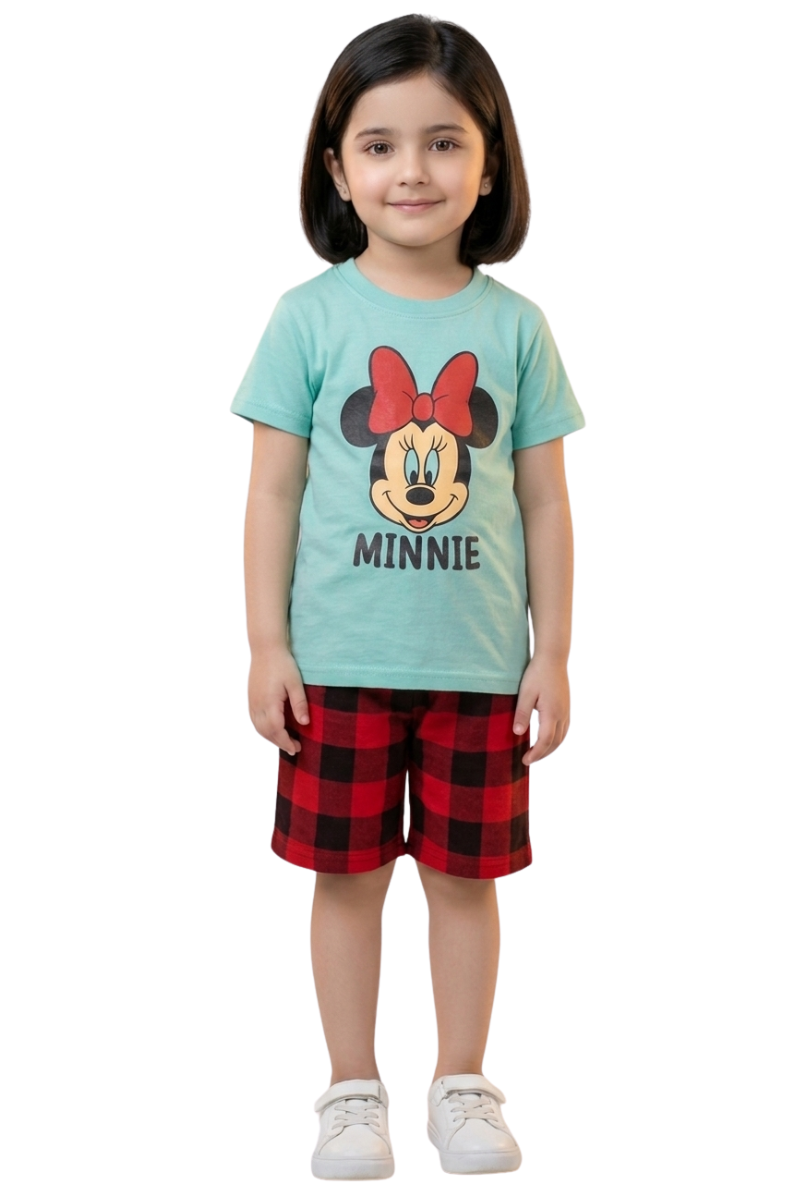 Girls Minnie Mouse Summer Shorts Set - Mint Green & Red Plaid
