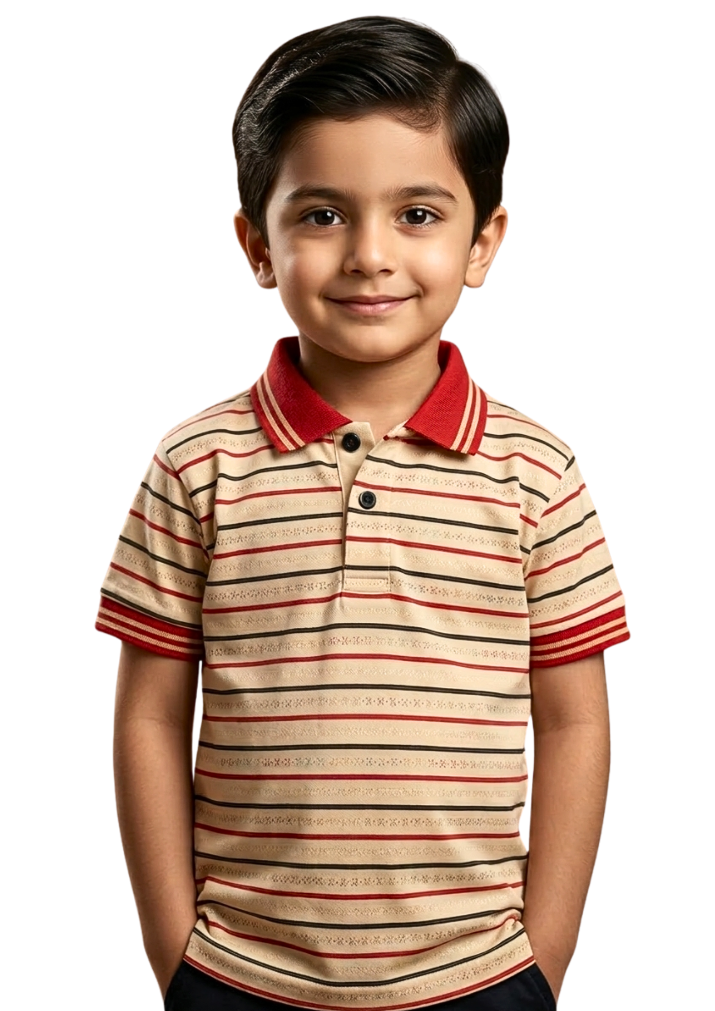Boys' Striped Cotton Polo – Classic Crimson & Beige