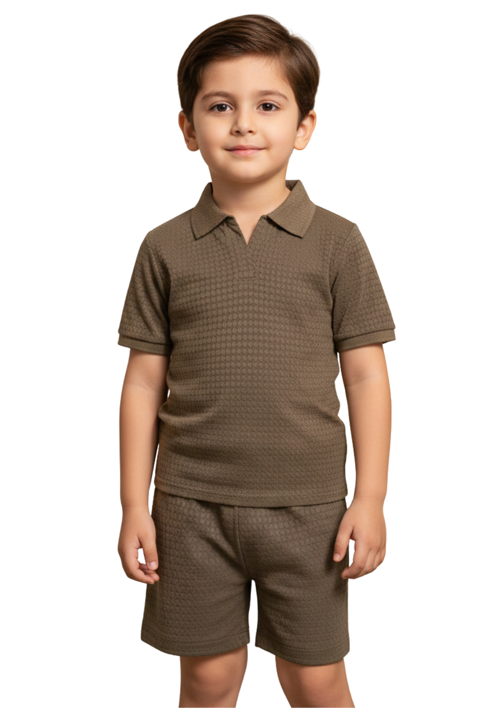 Boys Textured Polo Top & Shorts Set – Classic Brown Summer Outfit
