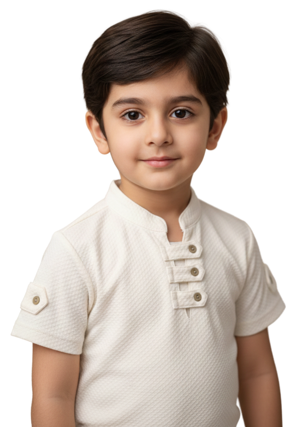 Boys' Premium White Textured Henley Shirt – Casual Short Sleeve Summer Top