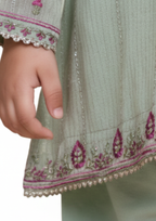Girls' 3-Piece Embroidered Mint Green Shalwar Kameez Set with Magenta Dupatta