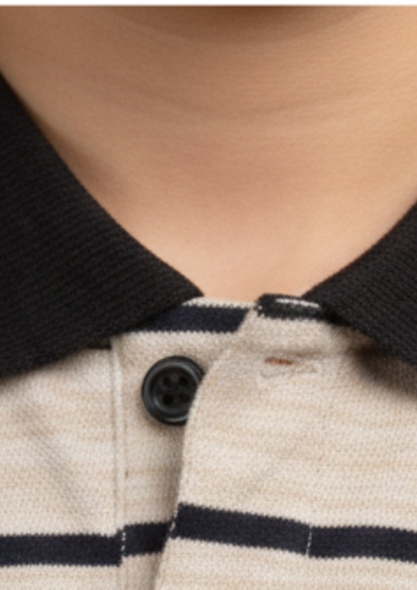 Boys' Classic Beige Striped Polo Shirt with Contrast Black Collar