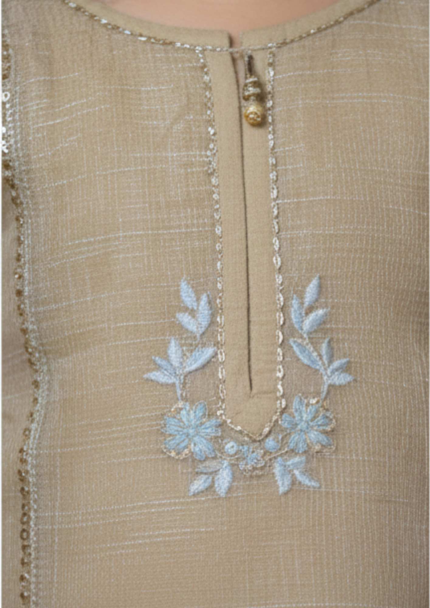 Girls' 3-Piece Embroidered Khadi Net Salwar Kameez Set - Beige & Russet