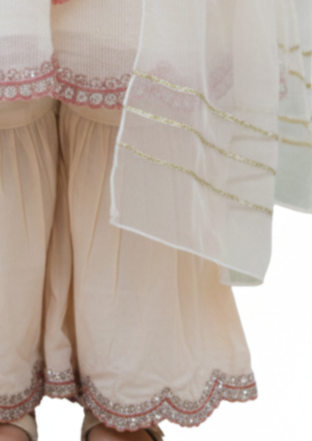 Elegant Off-White Embroidered 3-Piece Sharara Set for Girls – Peplum Kurta with Organza Dupatta