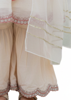 Elegant Off-White Embroidered 3-Piece Sharara Set for Girls – Peplum Kurta with Organza Dupatta