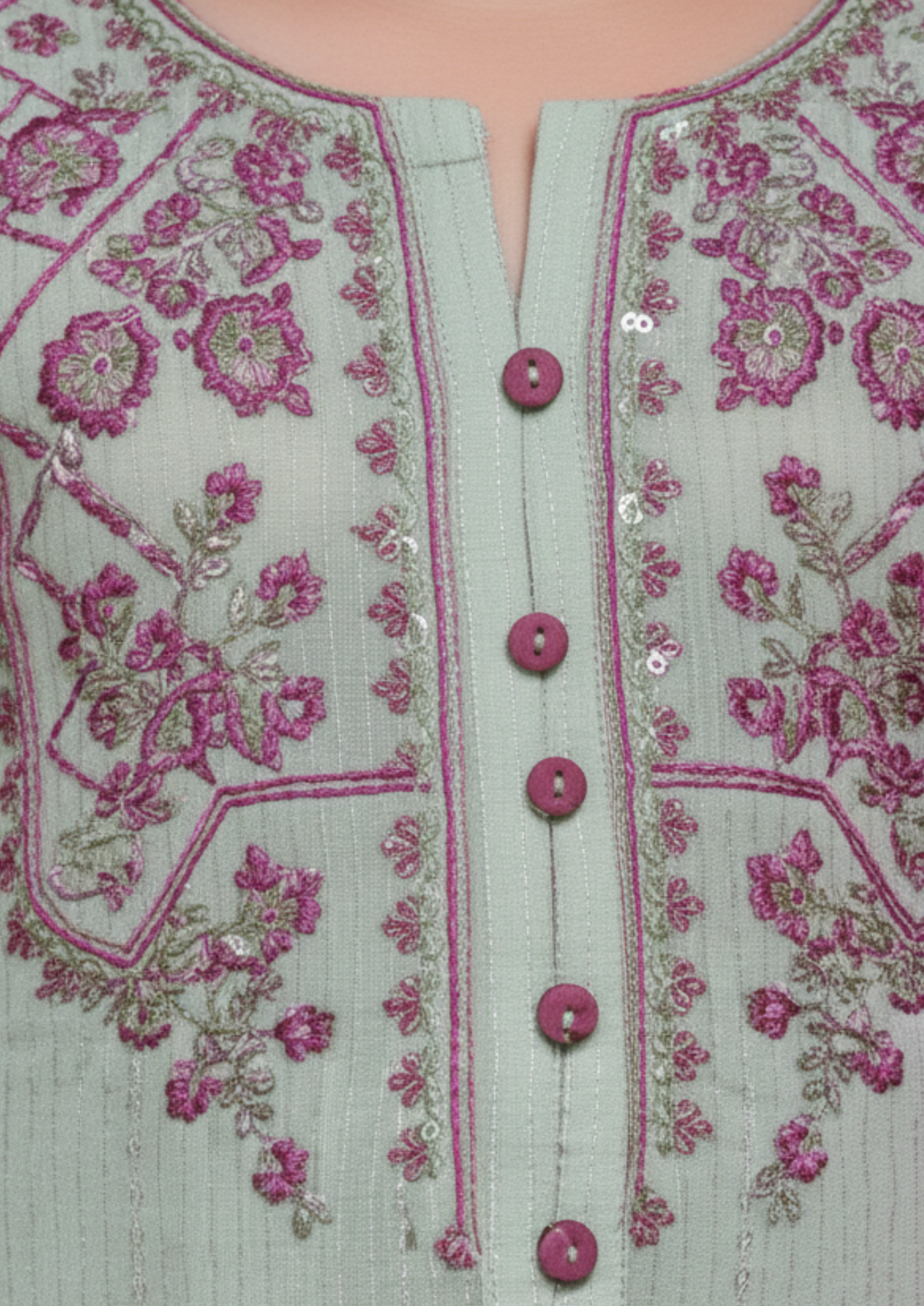 Girls' 3-Piece Embroidered Mint Green Shalwar Kameez Set with Magenta Dupatta