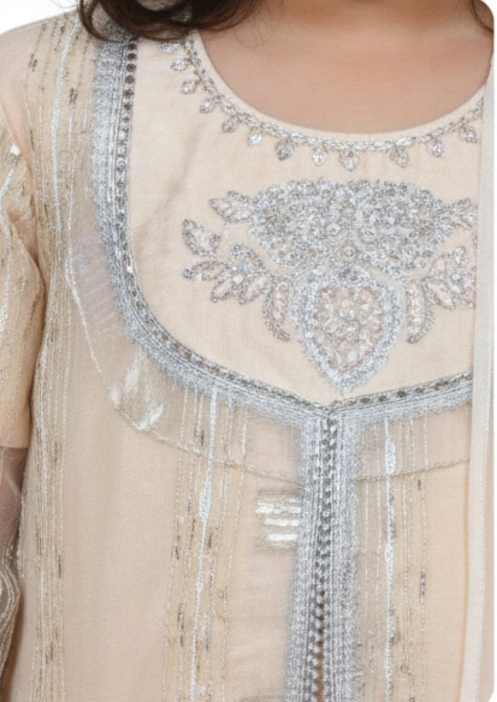 Girls' 3-Piece Embroidered Shalwar Kameez Set with Dupatta - Cream & Silver
