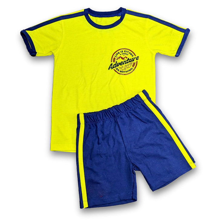 Toddler Boy's Printed Yellow Shirt and Navy Blue short 2pc Set