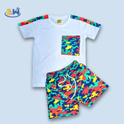 Toddlers's White Tee with Camo Pocket and short For Boys and Girls