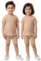 Kids Unisex Ribbed Summer Co-ord Set - Beige