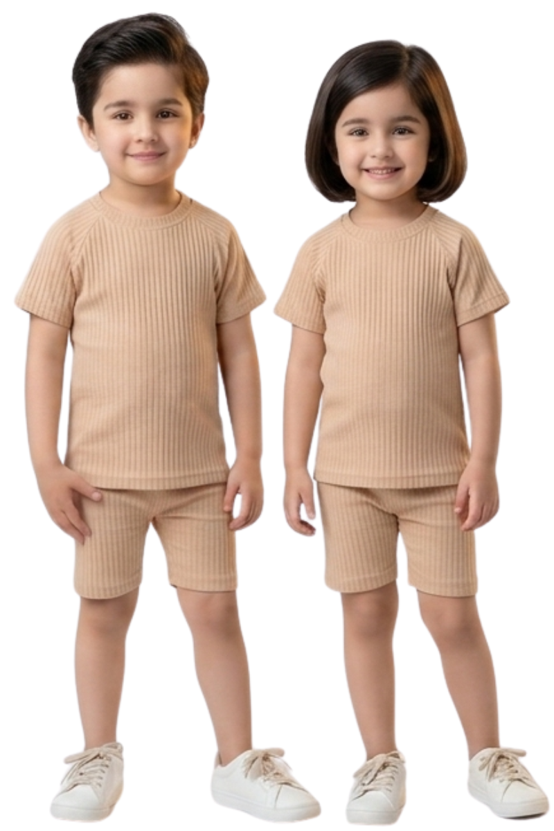 Kids Unisex Ribbed Summer Co-ord Set - Beige