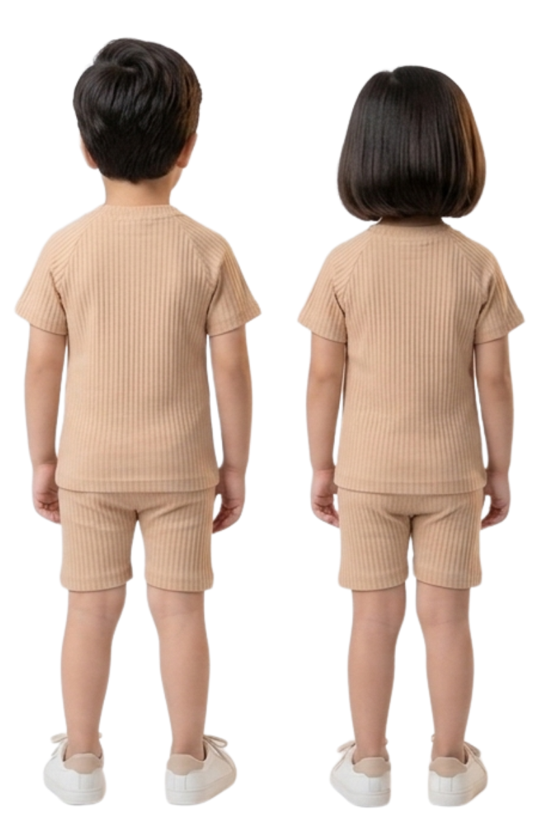 Kids Unisex Ribbed Summer Co-ord Set - Beige