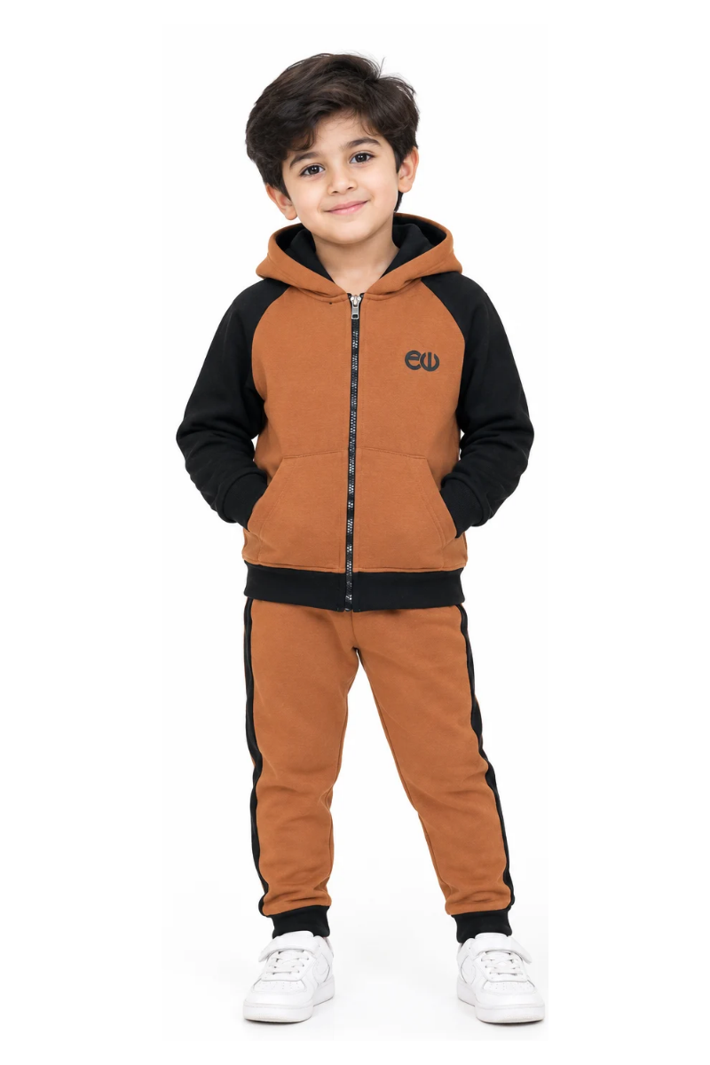Kids Fleece Zipper Hoodie & Jogger Set – Rust Brown & Black
