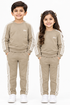 Boys' 2-Piece Cotton Fleece Tracksuit - Khaaki with Side Stripes