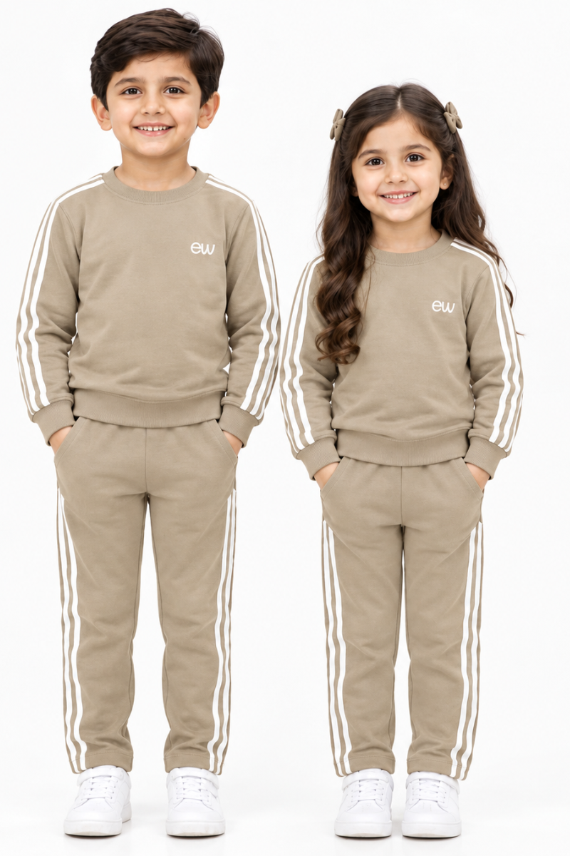 Boys' 2-Piece Cotton Fleece Tracksuit - Khaaki with Side Stripes