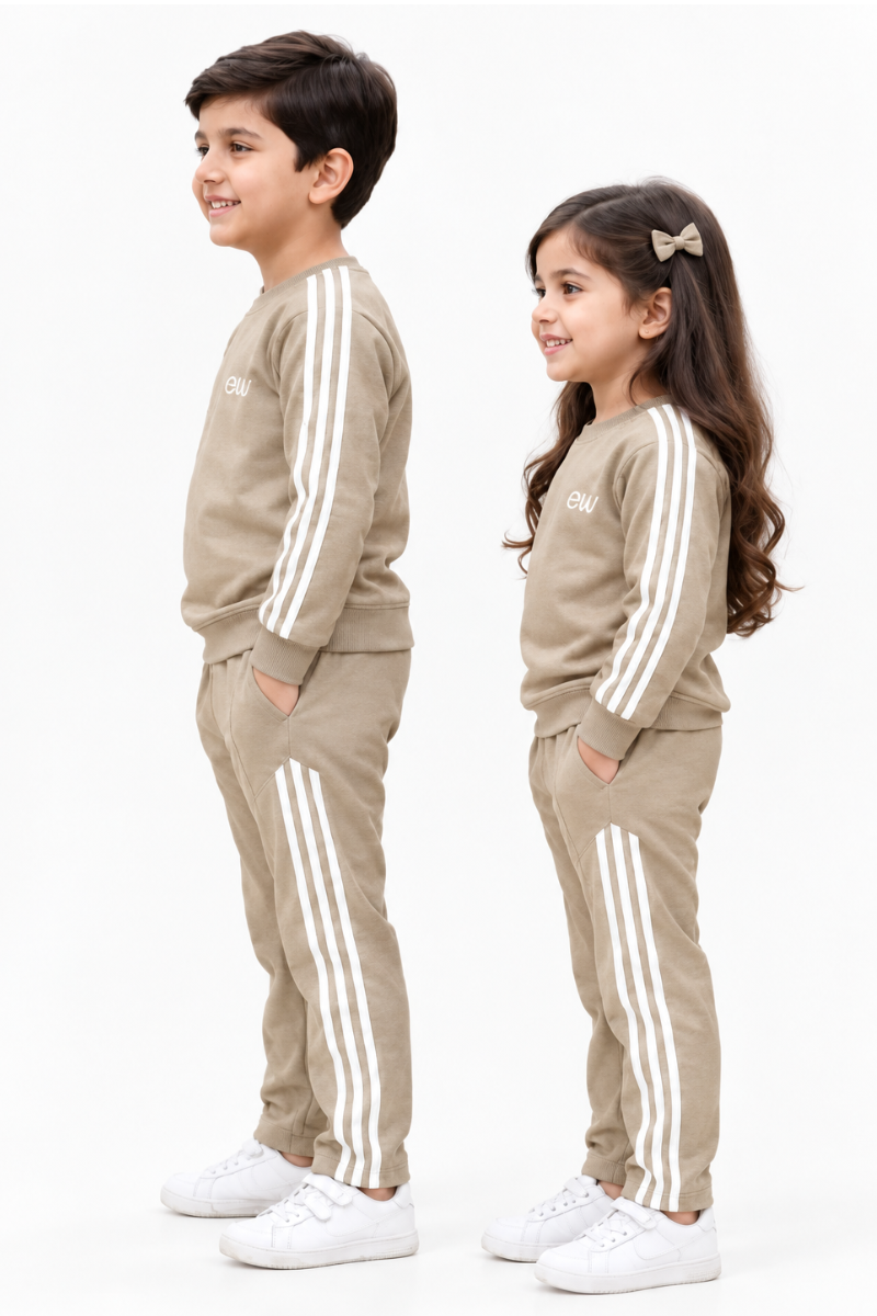 Boys' 2-Piece Cotton Fleece Tracksuit - Khaaki with Side Stripes