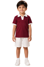 Kids Maroon & White Polo T-Shirt with White Shorts | Soft Cotton Jersey Summer Outfit for Boys
