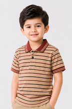 Boys' Striped Cotton Polo – Classic Crimson & Beige