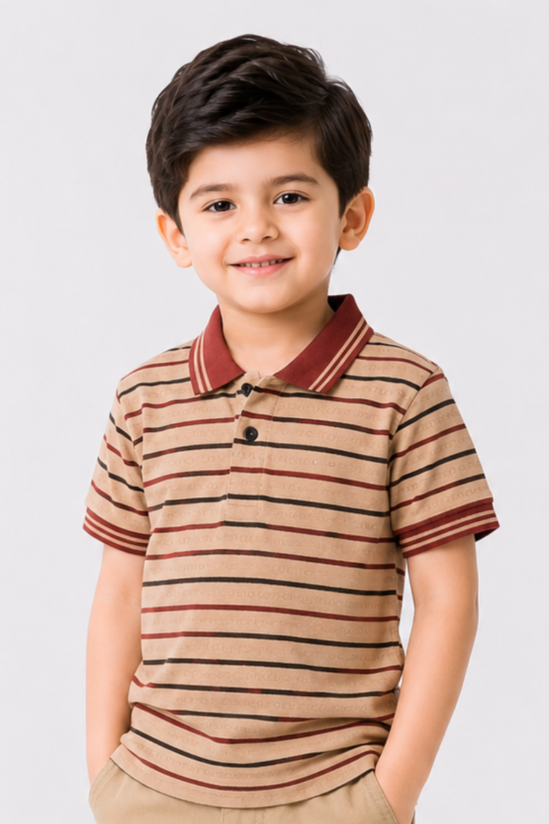 Boys' Striped Cotton Polo – Classic Crimson & Beige