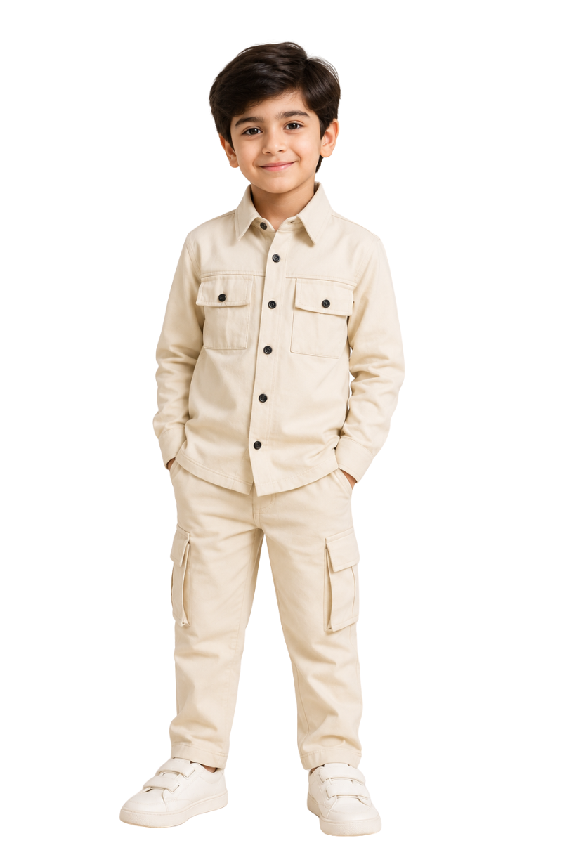 Boys Safari Cargo Co-Ord Set – Beige | Jersey Cotton 2-Piece Outfit