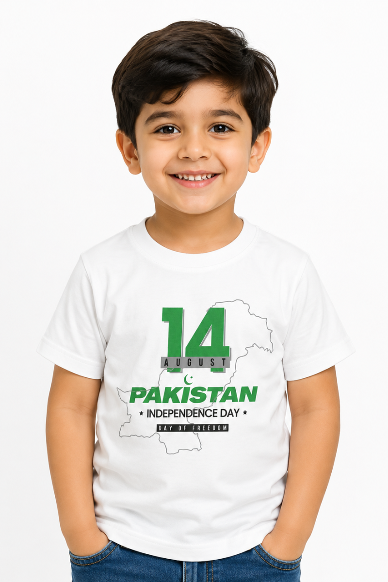 Kids 14 August Pakistan Independence Day T-Shirt | White Cotton Jersey Tee