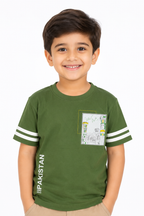 Kids Pakistan Zindabad Varsity T-Shirt | Olive Green Cotton Jersey with Sleeve Stripes