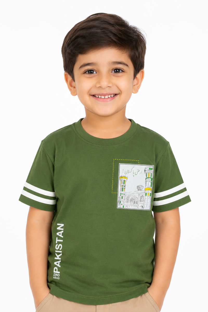 Kids Pakistan Zindabad Varsity T-Shirt | Olive Green Cotton Jersey with Sleeve Stripes