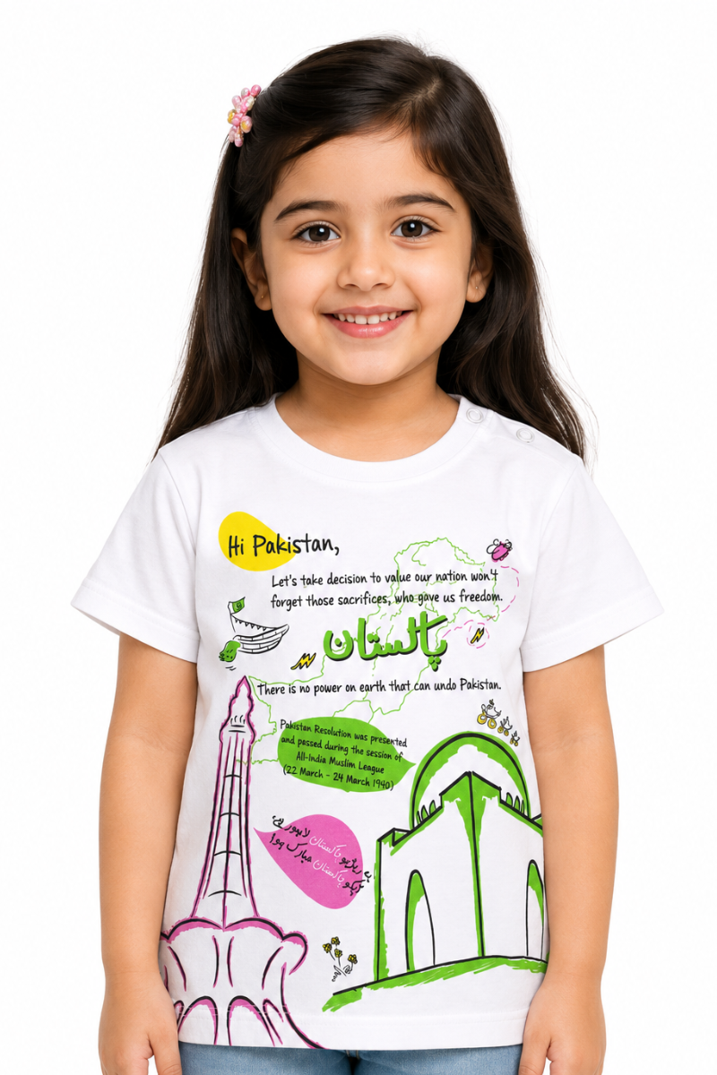 Kids Pakistan Independence Day Graphic T-Shirt – White Cotton Jersey Tee