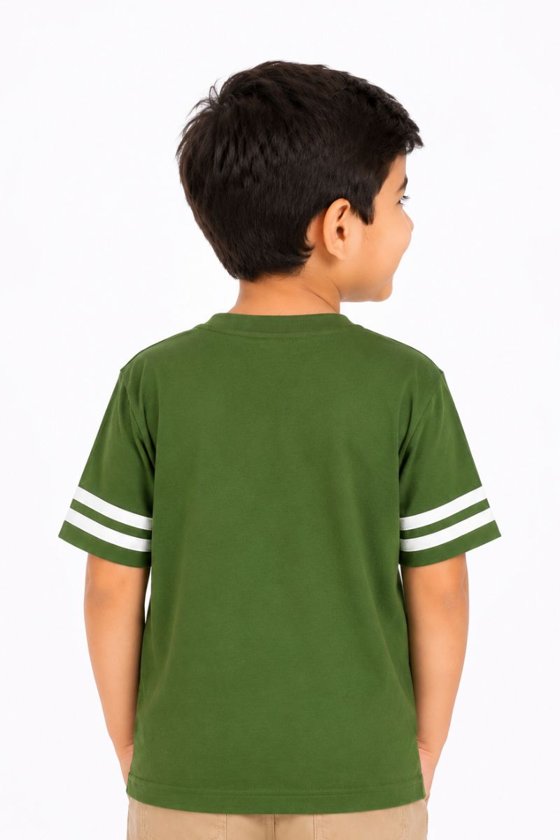Kids Pakistan Zindabad Varsity T-Shirt | Olive Green Cotton Jersey with Sleeve Stripes