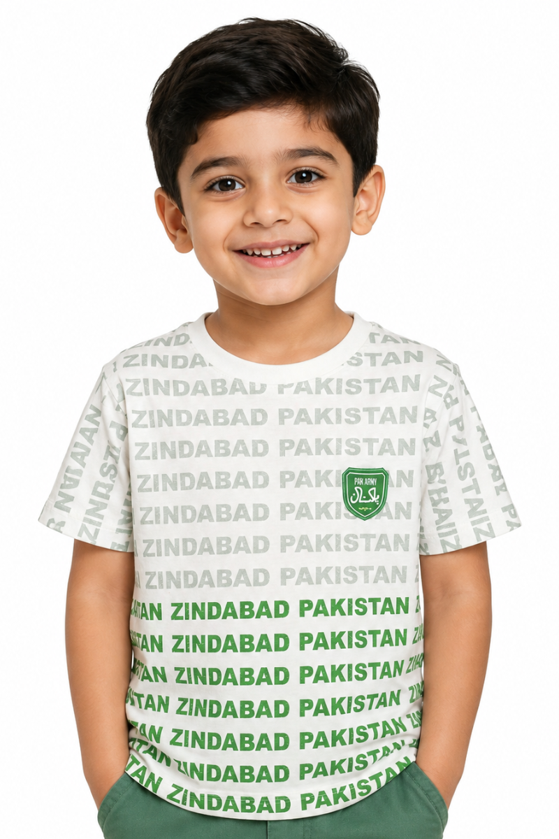 Kids Pakistan Zindabad Army Badge T-Shirt | White Allover Print Cotton Jersey Tee