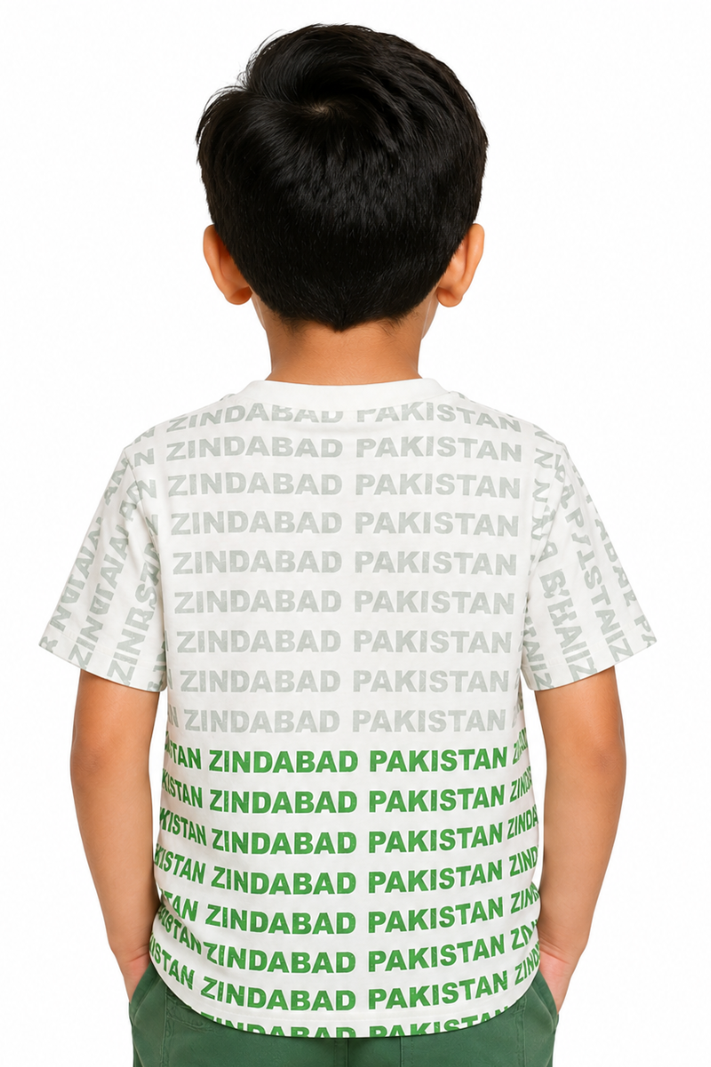 Kids Pakistan Zindabad Army Badge T-Shirt | White Allover Print Cotton Jersey Tee