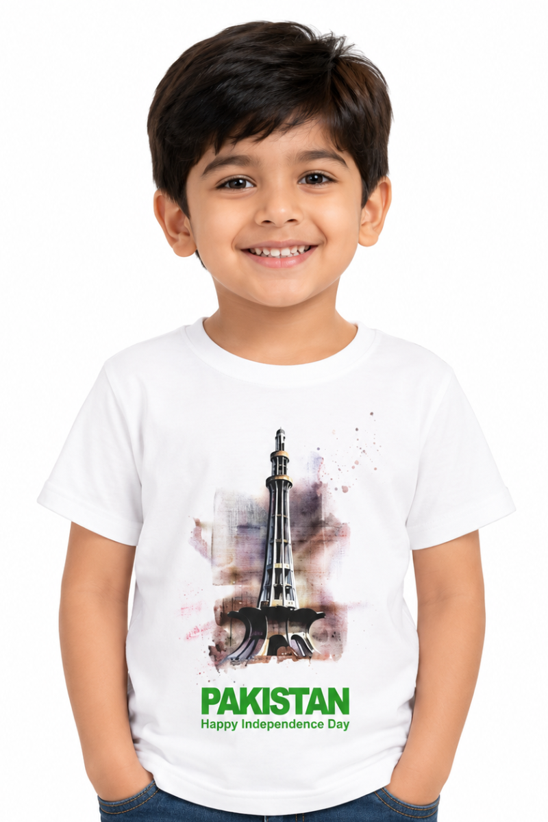Kids Pakistan Independence Day T-Shirt | Minar-e-Pakistan Printed Cotton Tee for Boys