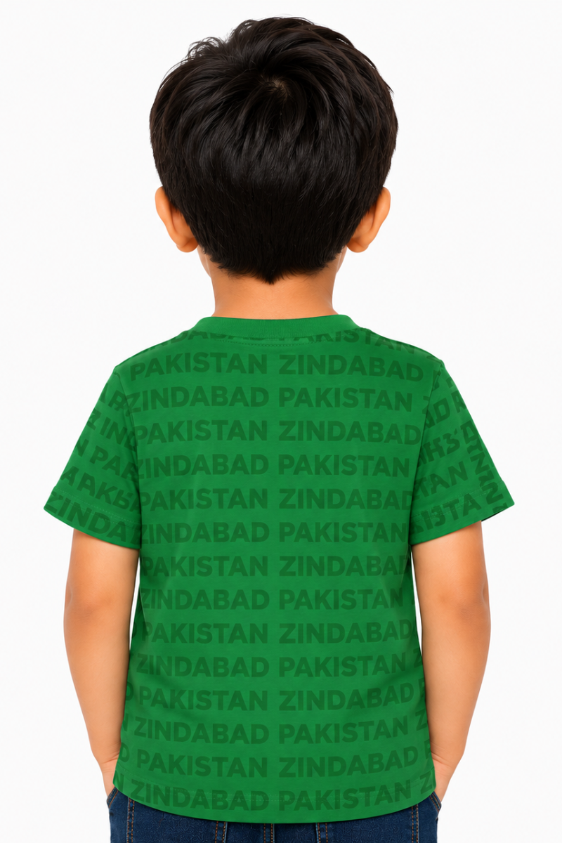 Kids Pakistan Zindabad Allover Print T-Shirt | Silver Glitter Text Cotton Jersey Tee