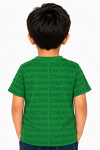 Kids Pakistan Zindabad Allover Print T-Shirt | Silver Glitter Text Cotton Jersey Tee