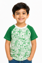 Kids Raglan T-Shirt | Islamic City Line Art Print | White & Green Cotton Jersey
