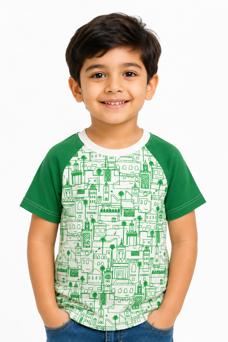 Kids Raglan T-Shirt | Islamic City Line Art Print | White & Green Cotton Jersey