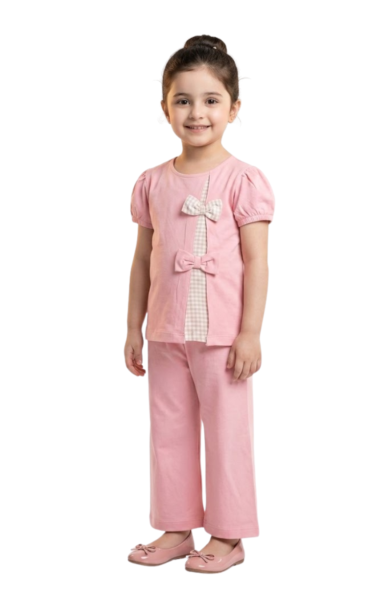 Girls Pink Jersey Cotton & Woven Bow Detail Co-Ord Set