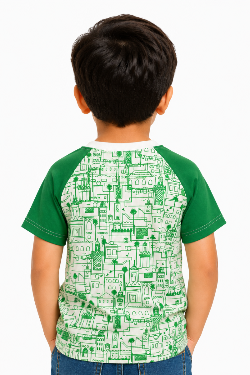 Kids Raglan T-Shirt | Islamic City Line Art Print | White & Green Cotton Jersey
