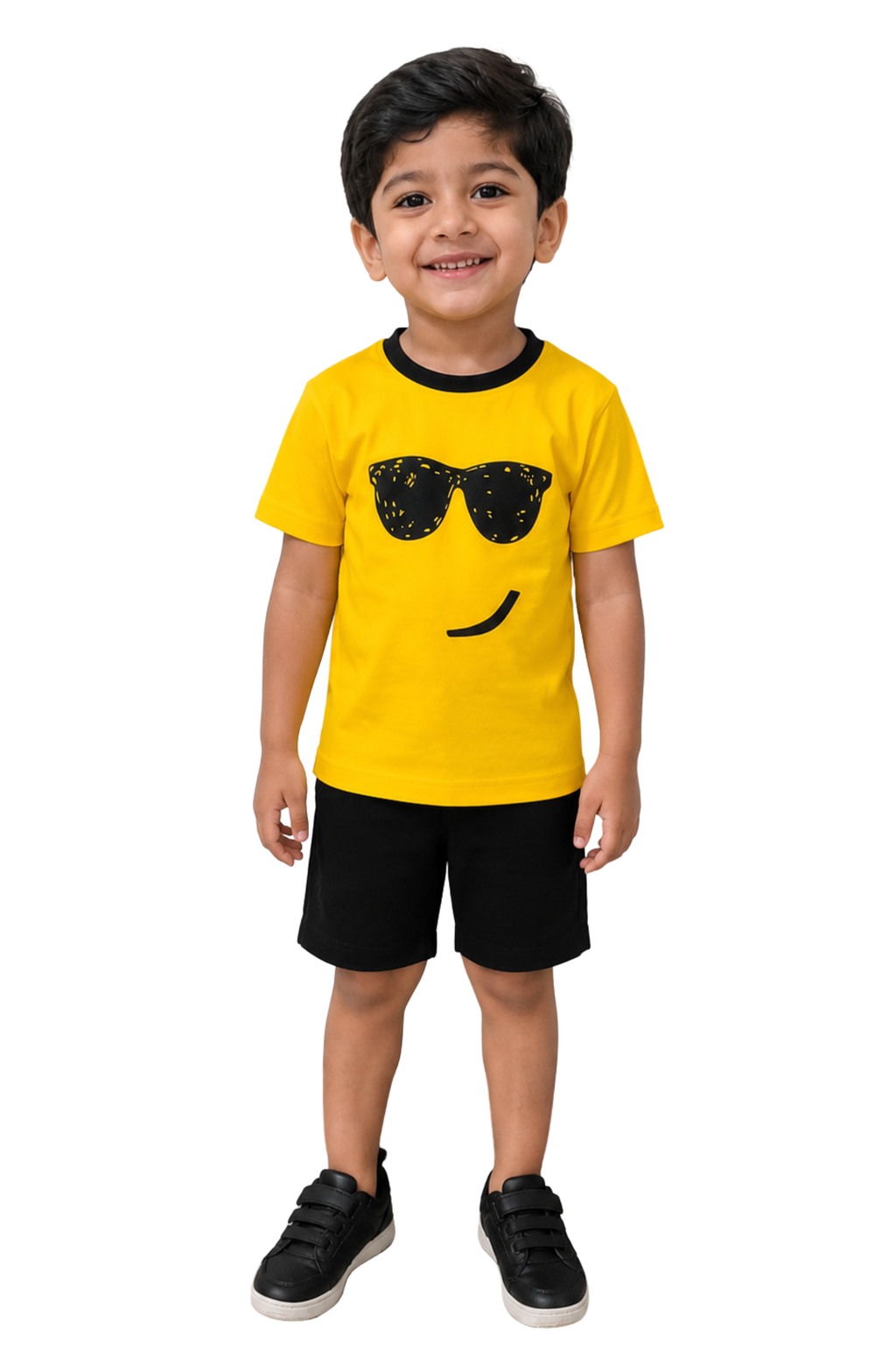 Yellow Smile Print T-Shirt & Black Shorts Set