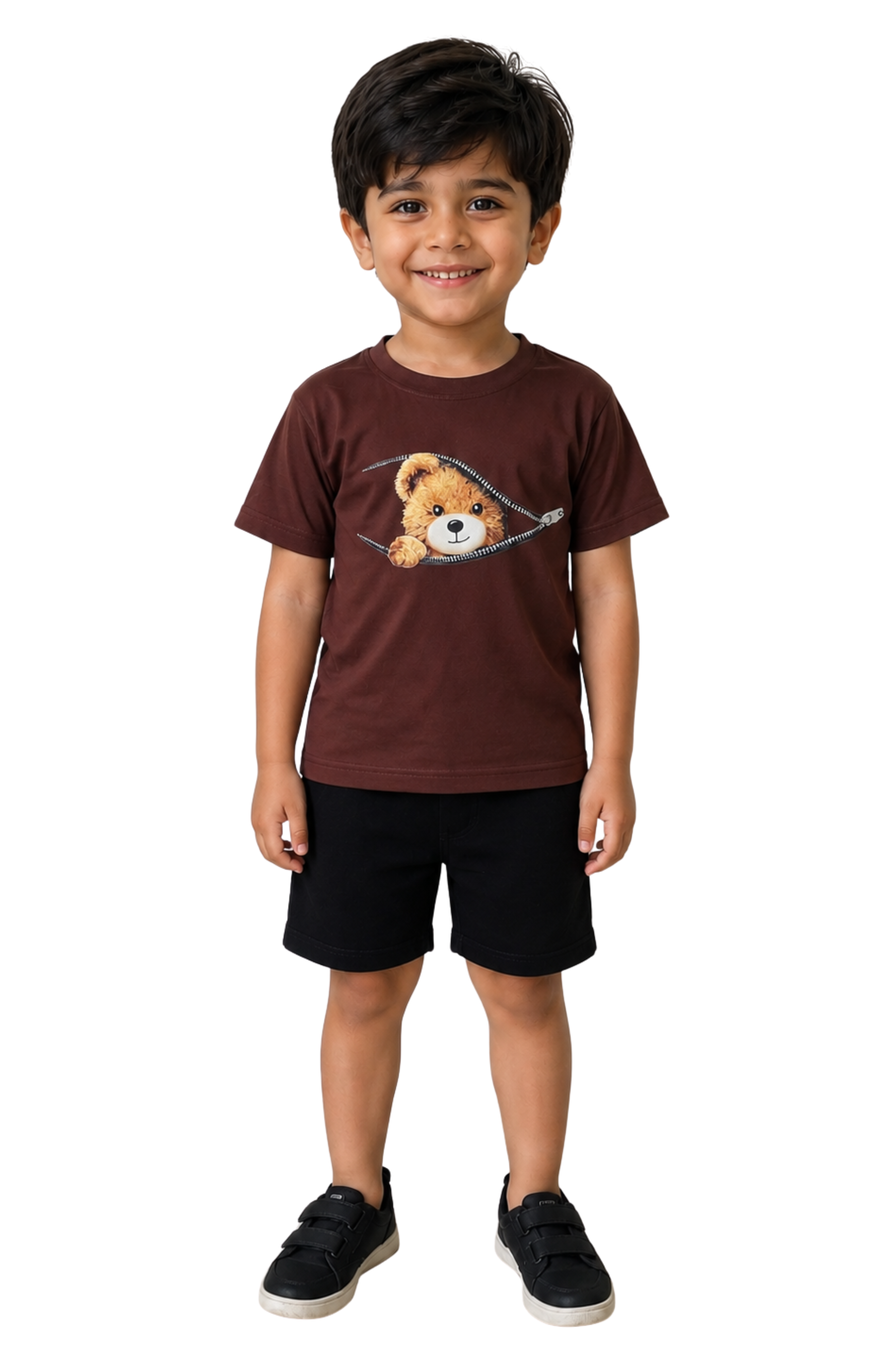 Brown Teddy Bear Graphic T-Shirt with Black Shorts Set