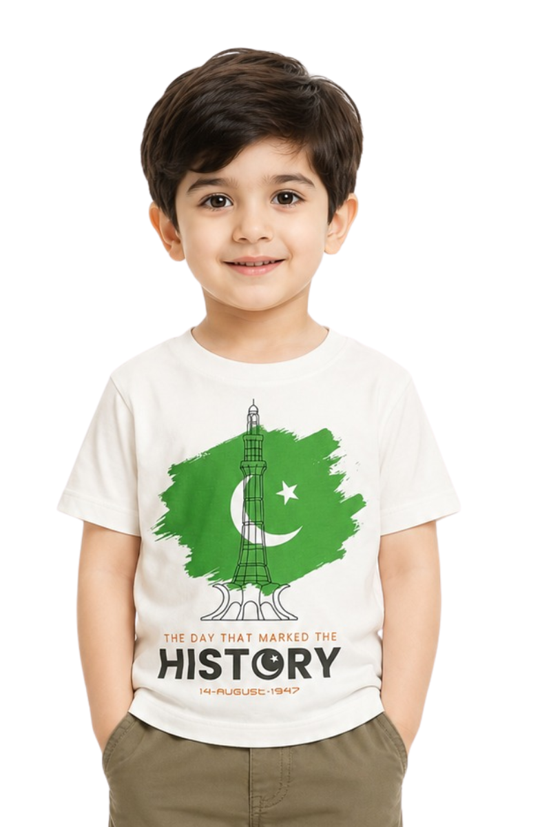 Kids Pakistan Independence Day History T-Shirt | 14 August White Graphic Tee