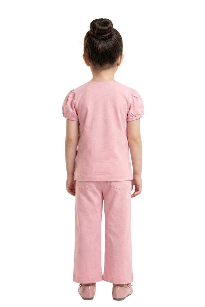 Girls Pink Jersey Cotton & Woven Bow Detail Co-Ord Set