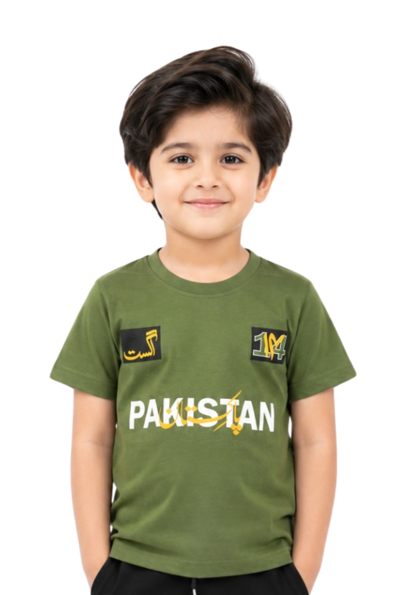 Pakistan 14 August Kids T-Shirt - Olive Green Cotton Jersey