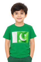 Pakistan Flag Sequin Kids T-Shirt - Green Cotton Jersey