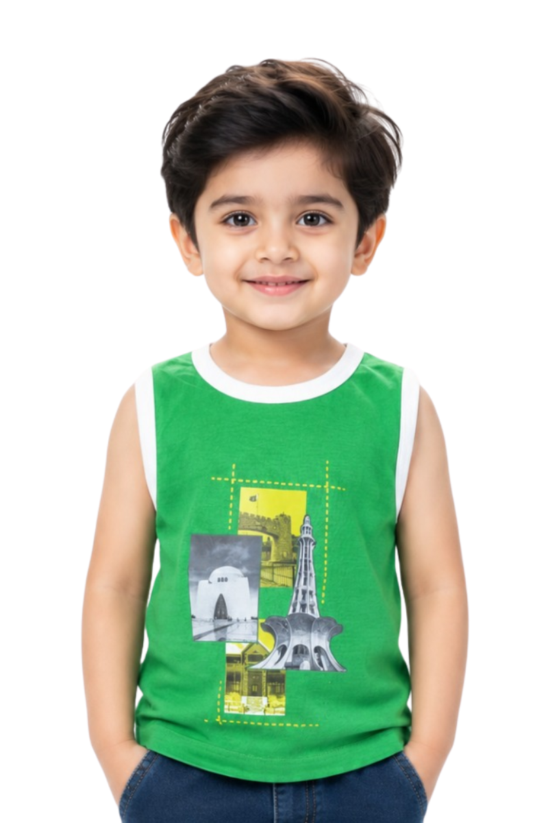 Pakistan Landmarks Kids Sleeveless T-Shirt - Green Cotton Jersey