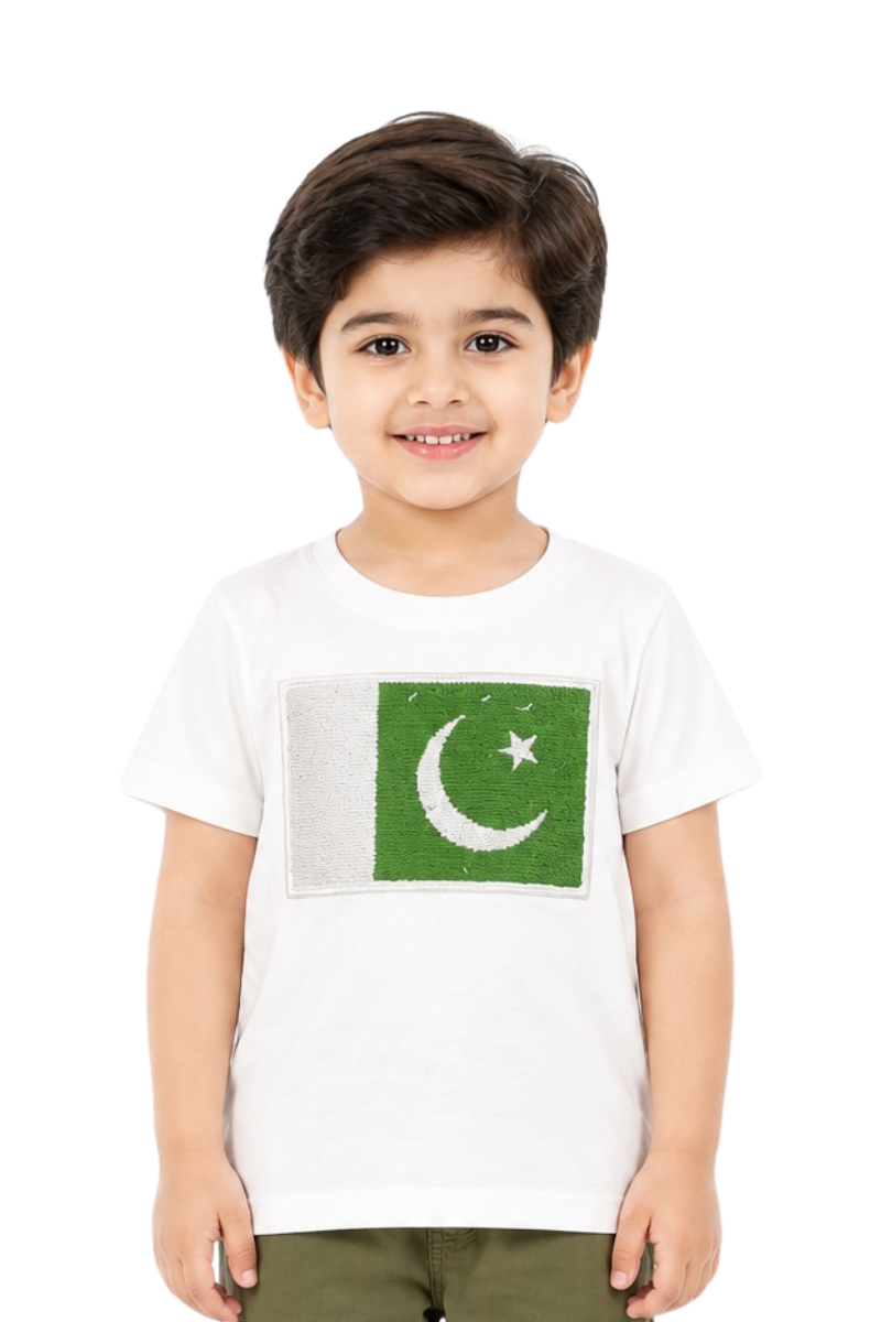 Pakistan Flag Sequin Kids T-Shirt - White Cotton Jersey