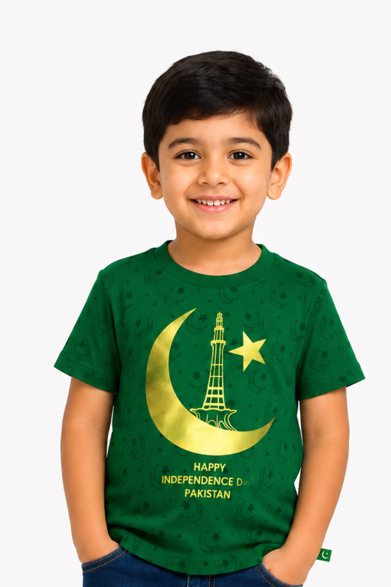 Kids Pakistan Independence Day T-Shirt | Minar-e-Pakistan Gold Print Cotton Jersey
